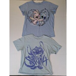 Disney Lilo & Stitch T-Shirt Set Women Medium Blue 2 Pack Graphic Tee Ohana Flaw